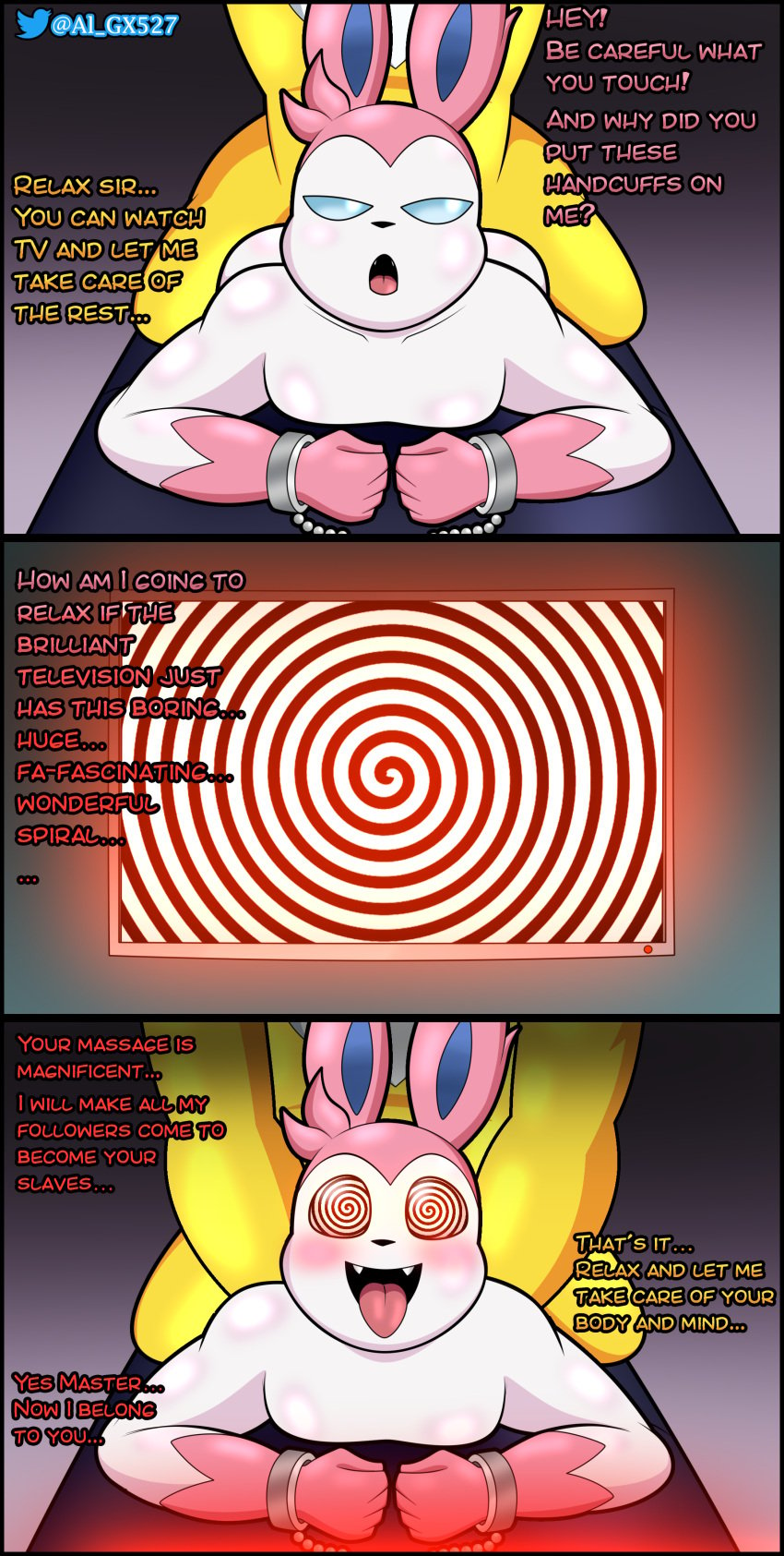 2boys al_gx brainwashing dialogue dominant domination/submission eeveelution femboy furry gay girly handcuffs hypno hypnosis massage mind_control nintendo nude pokemon pokemon_(species) seductive sylveon television text trap tricked yaoi