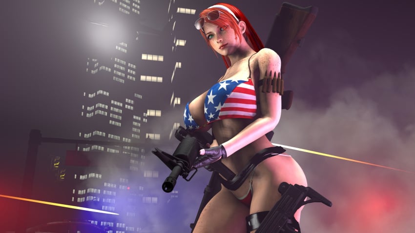 1girls 3d american_flag american_flag_bikini aviator_sunglasses big_breasts big_butt bustmaster candy_suxxx female female_only firearm freckles ginger ginger_hair grand_theft_auto grand_theft_auto:_vice_city green_eyes gun lipstick looking_at_viewer m16 night orange_hair pale_skin police police_car porn_star red_hair running solo source_filmmaker sunglasses sunglasses_on_head tactical_nudity tagme thighs uzi voluptuous