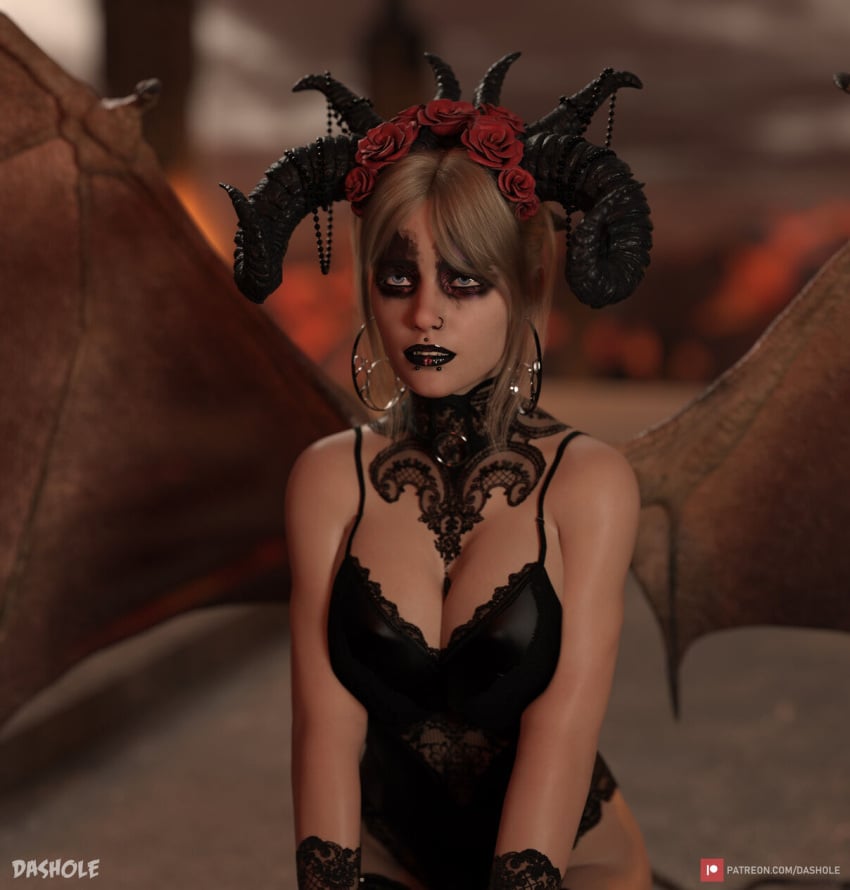 3d bat_wings black_lipstick blonde_hair claws curved_horn dark_blonde dark_blonde_hair dashole demon demon_girl demon_wings dirty_blonde dirty_blonde_hair earrings flower_in_hair hell high_heels hoop_earrings horns image kneeling lace large_breasts male_out_of_frame outdoor outdoors outside ram_horns rose_horns sandy_blonde sandy_blonde_hair side_view slushe_(website) tail thighhighs throne wings