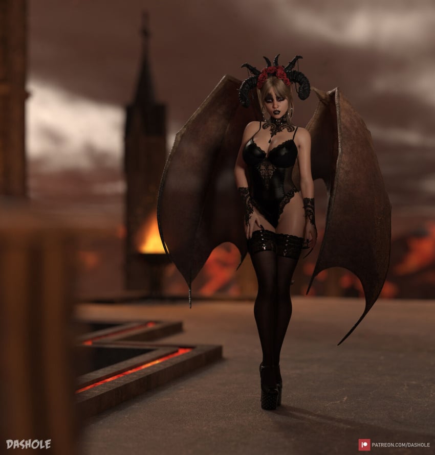 1girls 3d bat_wings black_lipstick black_nail_polish blonde_hair chopstick_fingernails curved_horn dark_blonde dark_blonde_hair dashole demon_girl demon_wings depth_of_field dirty_blonde dirty_blonde_hair female female_only flower_in_hair glowing_eyes hell high_heels horns image lace large_breasts long_fingernails long_nails outdoor outdoors outside pinup ram_horns rose_horns sandy_blonde sandy_blonde_hair slushe_(website) smile solo solo_female tail thighhighs very_long_fingernails wings