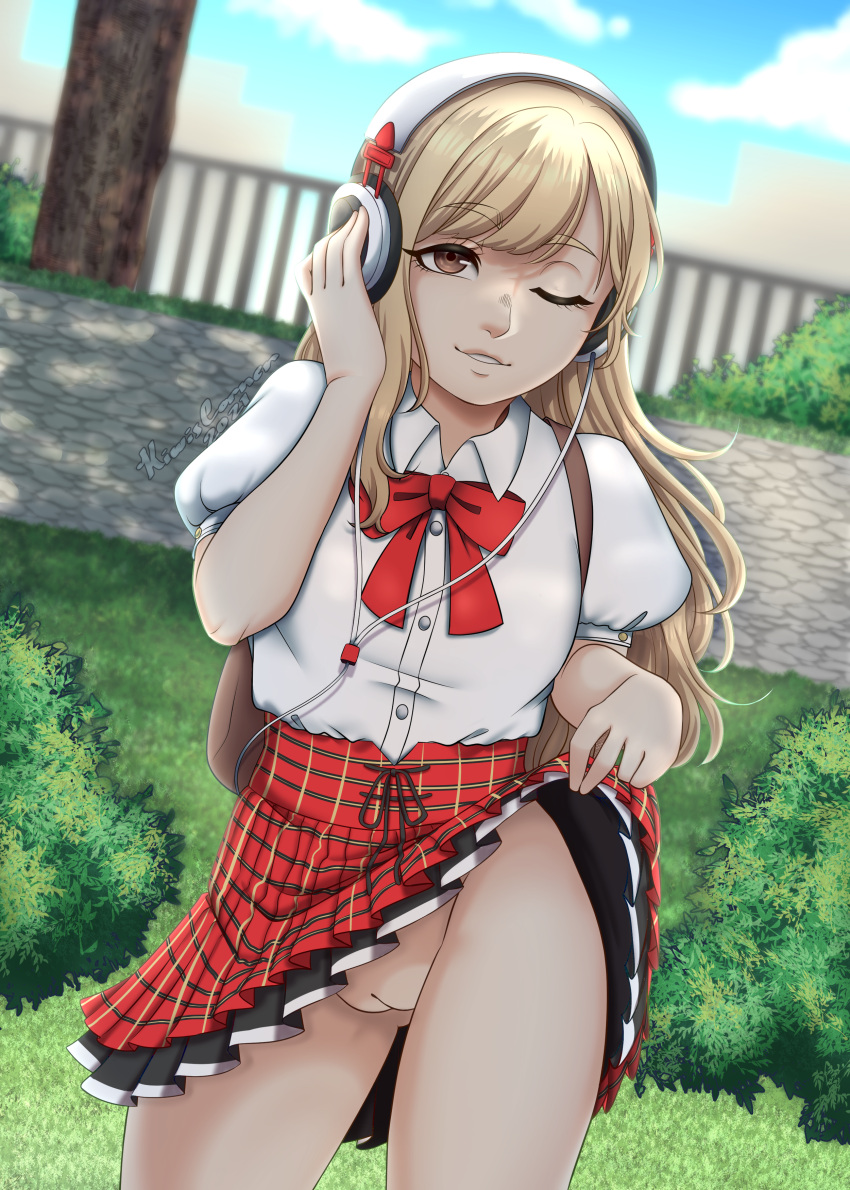 blonde_hair blue_sky brown_eyes exhibitionism female flashing flashing_girl grass headphones kiwiscorner light-skinned_female light_skin long_hair matsunae_tsugumi neo:_the_world_ends_with_you park plaid plaid_skirt public pussy pussy_peek red_ribbon ribbon school_uniform short_sleeves sidewalk skirt skirt_lift skirt_lifted_by_self smile the_world_ends_with_you tree tsugumi_matsunae twewy voyeurism white_shirt wink