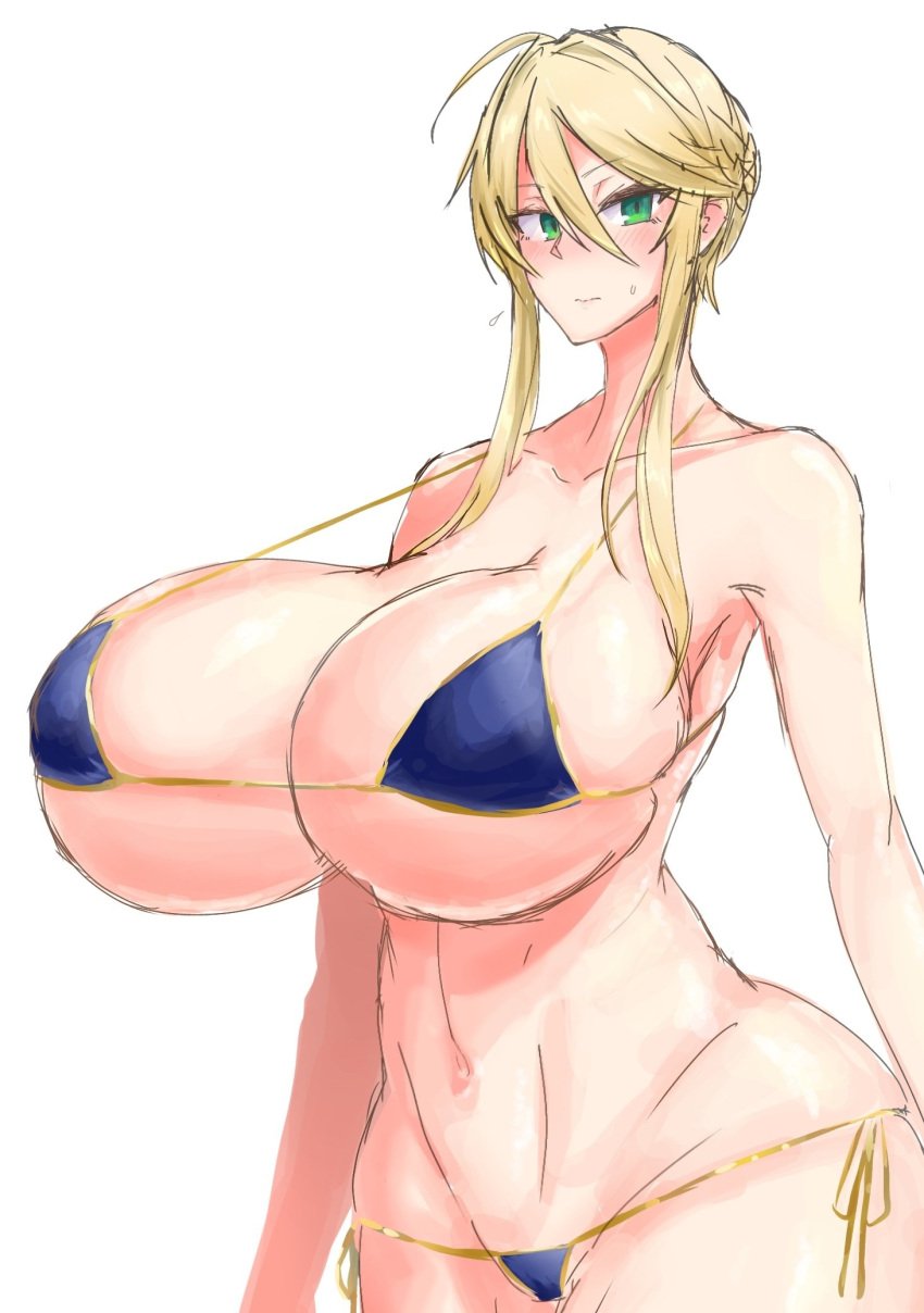 1girls artoria_pendragon artoria_pendragon_(lancer) big_breasts bikini blue_bikini blue_micro_bikini breasts busty fate/grand_order fate_(series) female female_only green_eyes huge_breasts itsme_milk large_breasts long_hair massive_breasts micro_bikini nidoto_milna solo thick_thighs thighs yellow_hair