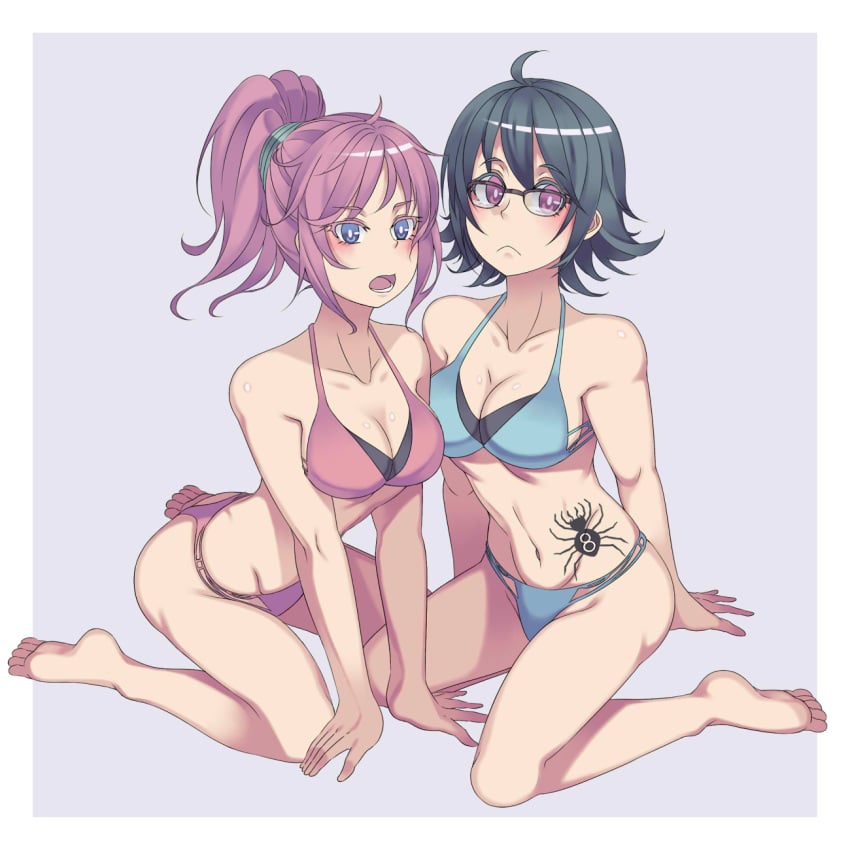 2girls bikini black_hair breasts cleavage duo feet female female_only human hunter_x_hunter large_breasts looking_at_viewer machi_komacine pale-skinned_female pale_skin phantom_troupe pink_hair shizuku_murasaki short_hair shounen_jump soles spider_tattoo stomach_tattoo tagme tattoo villainess