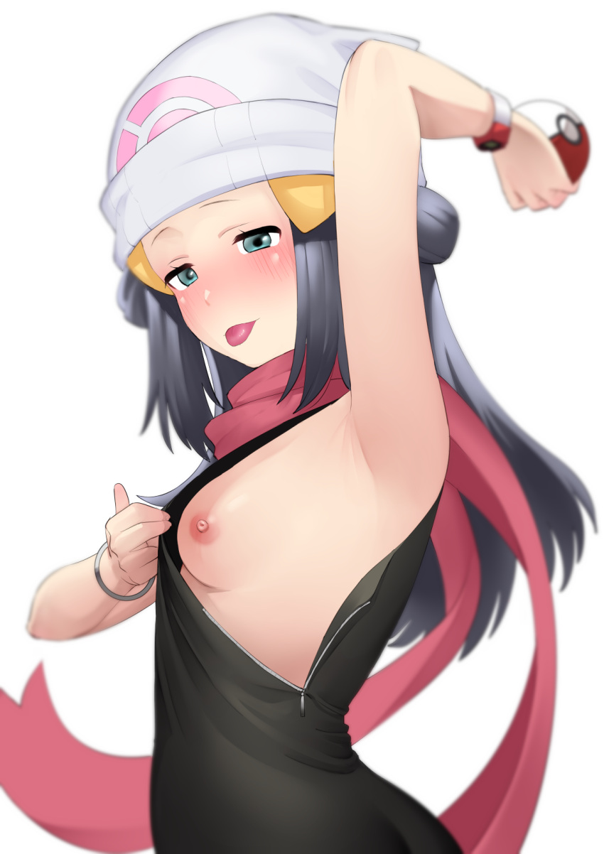 1girls armpits blue_eyes blue_hair blush breasts dawn_(pokemon) female hat holding_poke_ball long_hair medium_breasts nintendo nipples pokemon pokemon_bdsp pokemon_dppt scarf solo take_shinshi tongue_out upper_body