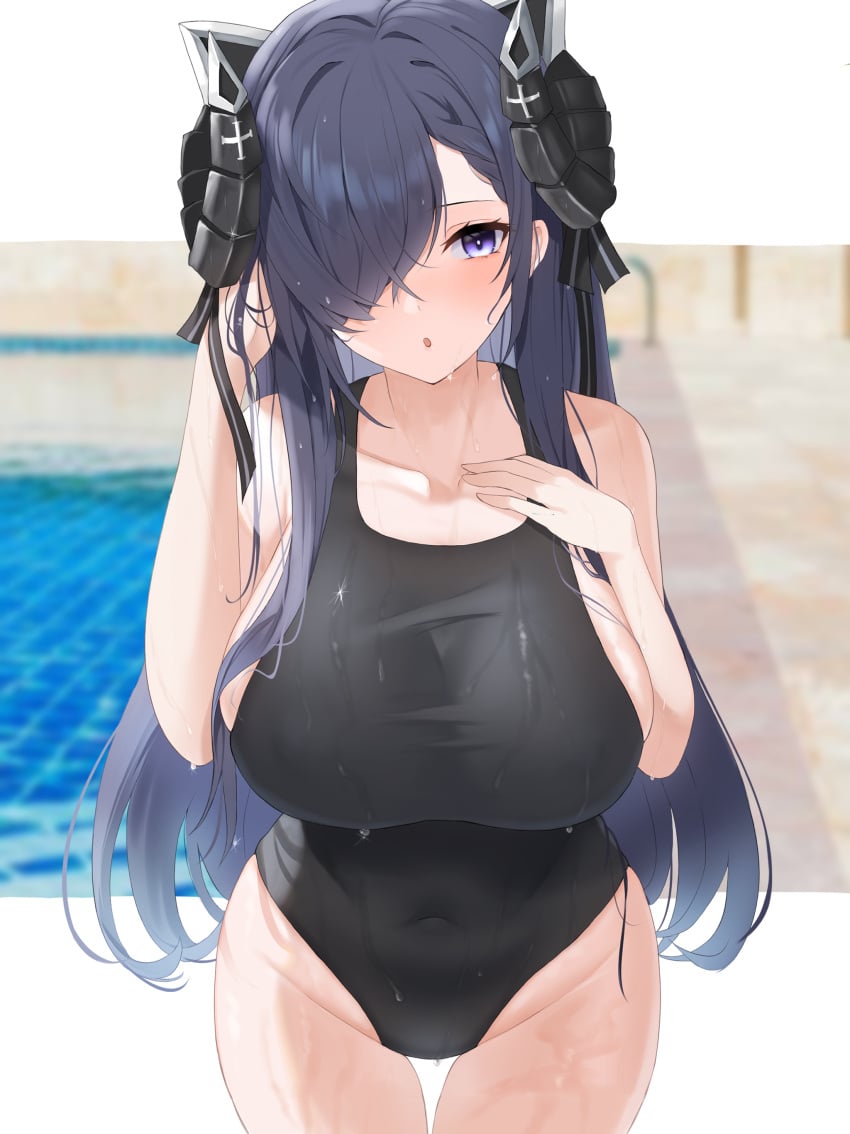 1girls :o august_von_parseval_(azur_lane) azur_lane black_swimsuit blue_hair breasts bursting_breasts clavicle clothing competition_swimsuit covered_navel female futon_fly_away hair_over_one_eye hand_in_hair horns huge_breasts iron_blood_(emblem) large_breasts long_hair navel one-piece_swimsuit overflowing_breasts pool poolside purple_eyes sideboob solo swimsuit tank_suit tight_clothing tight_swimsuit very_long_hair water wet wet_clothes wet_hair wet_swimsuit