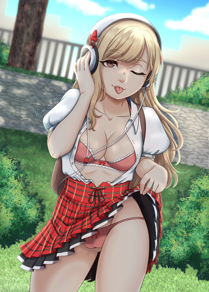 blonde_hair blue_sky bra brown_eyes exhibitionism female flashing flashing_girl grass headphones kiwiscorner lace lace_bra lace_trim light-skinned_female light_skin long_hair matsunae_tsugumi neo:_the_world_ends_with_you open_clothes open_shirt panties park pink_bra pink_panties plaid plaid_skirt public red_ribbon ribbon school_uniform short_sleeves sidewalk skirt skirt_lift skirt_lifted_by_self smile the_world_ends_with_you tongue tongue_out tree tsugumi_matsunae twewy voyeurism white_shirt wink