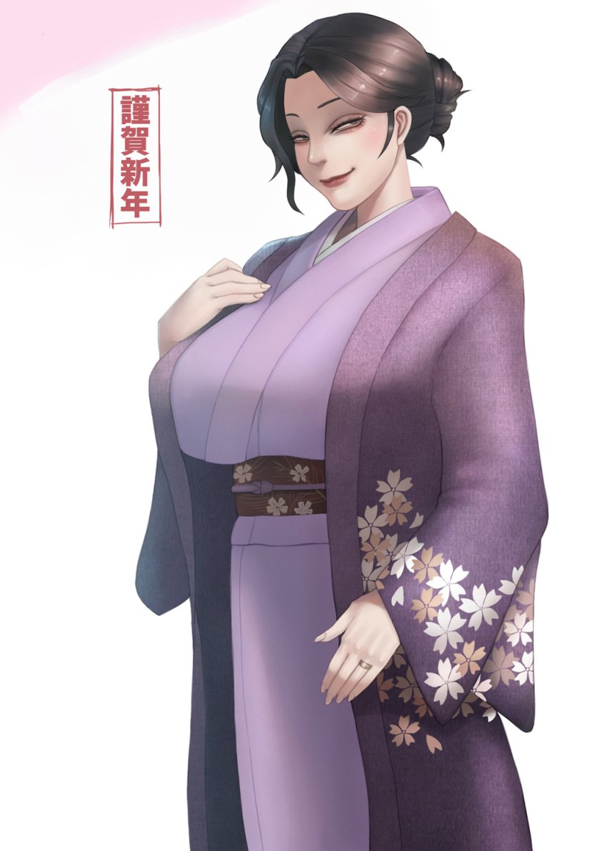 1girls 2021 black_eyes black_hair breasts busty clothed_female covering_breasts enormous_breasts eye_contact eyebrows eyelashes eyeliner eyeshadow facing_viewer female female_focus fingernails floral_print hair_bun hairbun haori happy_new_year hi_res high_resolution highres huge_breasts japanese_clothes japanese_text jewelry kimono lips lipstick looking_at_viewer makeup mascara matching_hair/eyes matching_hair_and_eye_color matching_hair_and_eyes nail_polish new_year okai okai418 original plain_background print_kimono purple_haori purple_kimono purple_yukata raised_eyebrows red_eyeshadow red_lipstick ring shiny shiny_eyes shiny_lips shiny_skin simple_background skindentation smile smiling_at_viewer solo standing thin_eyebrows tied_hair top_heavy translation_request voluptuous white_background year yukata