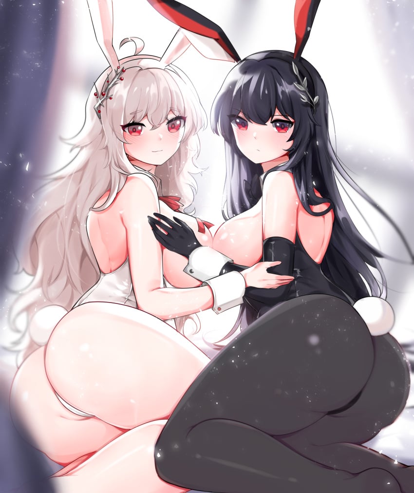 2girls :3 absurdres ahoge animal_ears ass backless_leotard bare_shoulders black_gloves black_hair black_headband black_leotard blurry blurry_background blurry_foreground breast_press breasts bunny_ears closed_mouth commission curtains detached_collar elbow_gloves eyebrows_visible_through_hair fake_animal_ears feet_out_of_frame female_focus full_body gloves hair_between_eyes hair_ornament hair_over_shoulder hand_on_another's_arm headband highleg highleg_leotard highres large_breasts leotard looking_at_viewer mindoll multiple_girls no_bra original platinum_blonde_hair playboy_bunny red_eyes sideboob strapless strapless_leotard thighs white_headband white_leotard wrist_cuffs