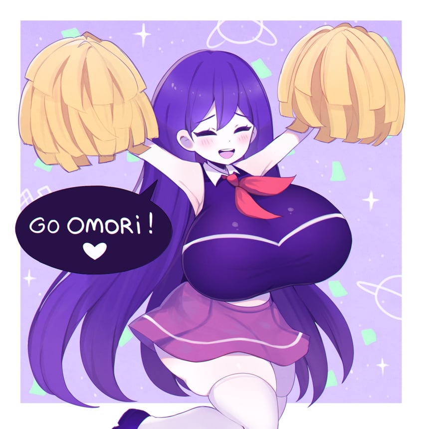 1girls alternate_breast_size big_breasts black_hair breasts cheering cheerleader clarevoir curvy curvy_female curvy_figure female happy holding_pom_poms huge_breasts large_breasts legwear long_hair mari_(omori) massive_breasts omori pom_poms short_skirt skirt solo solo_female solo_focus text thick thick_thighs thighhighs thighs tight_clothing white_legwear white_thighhighs