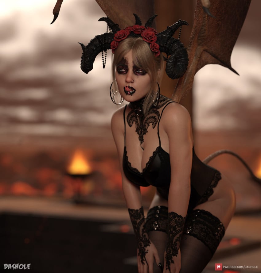 1girls 3d bat_wings black_lipstick black_nail_polish blonde_hair chopstick_fingernails curved_horn dark_blonde dark_blonde_hair dashole demon_girl demon_tail demon_wings depth_of_field dirty_blonde dirty_blonde_hair female female_only flower_in_hair forked_tongue glowing_eyes hell horns image lace large_breasts licking_lips long_fingernails long_nails outdoor outdoors outside pinup ram_horns rose_horns sandy_blonde sandy_blonde_hair slushe_(website) smile solo solo_female tail thighhighs very_long_fingernails wings