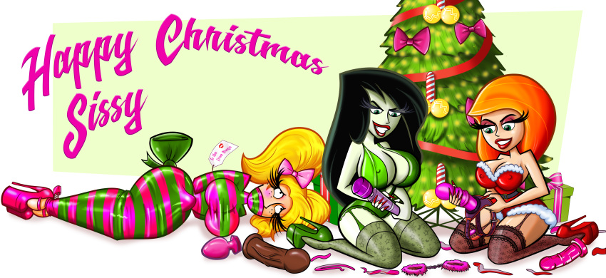 1boy 2girls black_hair blonde_hair bondage bound bound_arms bound_legs bulge buttplug christmas christmas_tree crossdressing dildo disney disney_channel fake_breasts female femdom gag gagged gift_box gift_wrapped grin hairbow handcuffs high_heels hitachi_magic_wand imminent_sex kim_possible kimberly_ann_possible kneeling large_breasts looking_at_another male multiple_girls nice-ass91 nipple_bulge on_floor on_side orange_hair parted_lips pokies red_lipstick ron_stoppable shego sissy stockings strap-on submissive_male twintails very_long_hair white_background worried wrapped