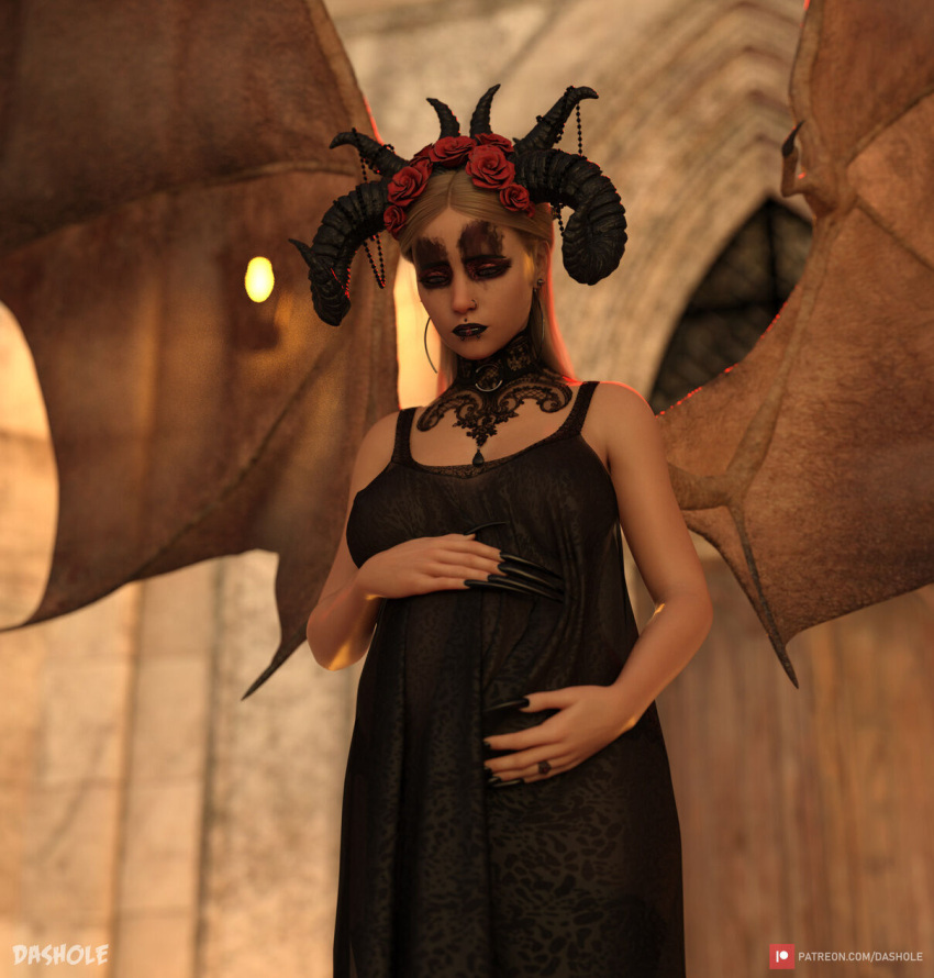 1girls 3d bat_wings black_dress black_lipstick black_nail_polish blonde_hair chopstick_fingernails curved_horn dashole demon_girl female female_only flower_in_hair holding_belly horn horns long_fingernails long_nails pregnant ram_horns rose_horns slushe_(website) solo solo_female tail very_long_fingernails wings