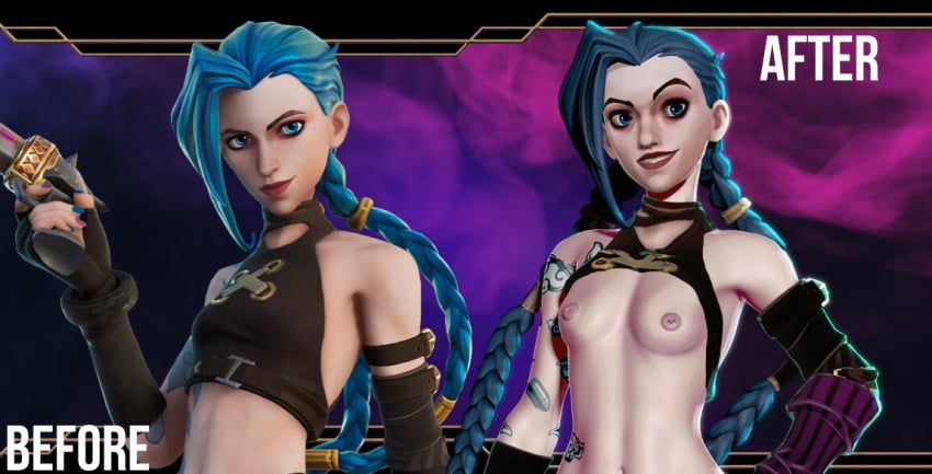 1girls 2021 3d 3d_(artwork) arcane arcane_jinx before_and_after blender blue_eyes blue_hair breasts casual clothing comparing crisisbeat female female_only firearm fortnite fortnite:_battle_royale handgun human jinx_(league_of_legends) league_of_legends long_hair nipples pale_skin powder_(arcane) riot_games solo source_request tagme weapon