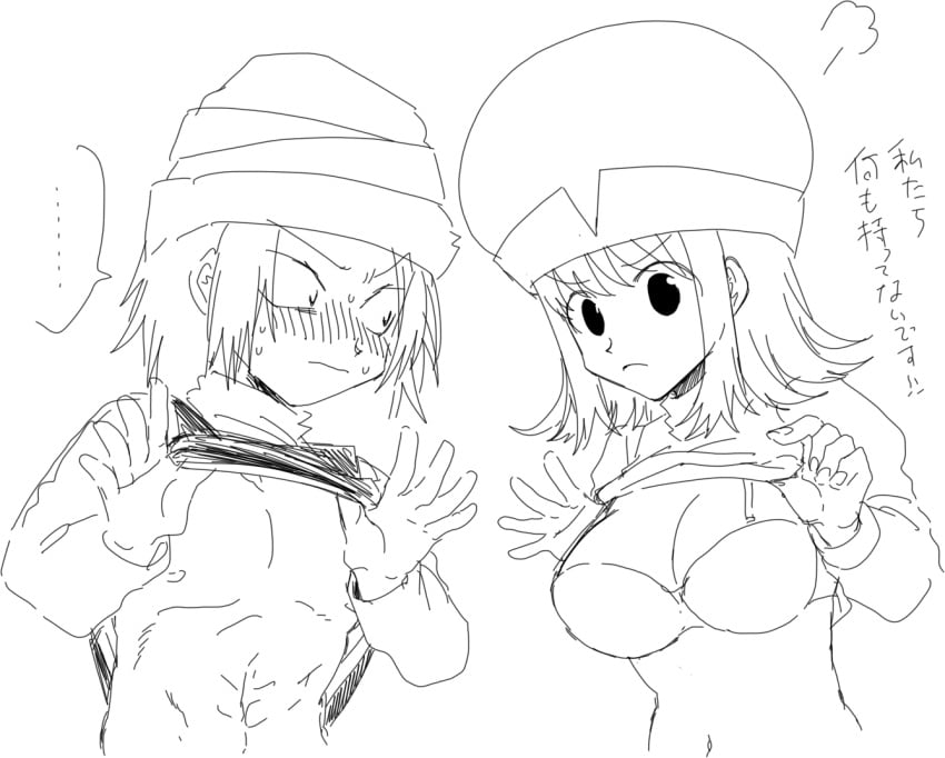 1boy 1girls algae_a big_breasts blush bra breasts female human hunter hunter_x_hunter japanese_text long_hair male monochrome pokkle ponzu shirt_lift shounen_jump tagme text translation_request