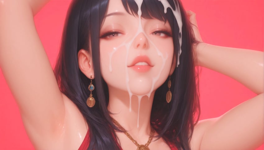 1boy 1femboy absurd_res ai_generated armpits arms_up artist_upload black_hair brown_eyes close-up crossdressing cum cum_on_hair earrings facial femboy femboy_focus feminine_male gay half-closed_eyes hi_res jewelry lips long_hair looking_at_viewer more_at_source necklace pandora parted_lips pink_background portrait red_background self_upload simple_background smile solo transgender uncensored