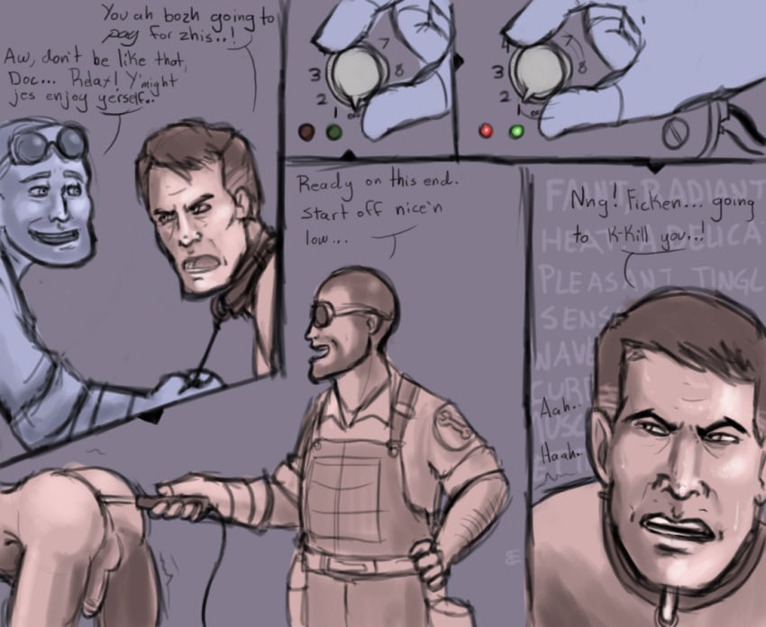 2boys 2d anal_masturbation anal_object_insertion anal_penetration angry backsack bad_medicine brown_hair buzz_cut captive captured cmnm collar deep_penetration engineer engineer_(team_fortress_2) erection facial_hair gay german_text glasses_removed glove goggles goggles_on_forehead human human_male human_only leash_and_collar leash_pull male male_only medic medic_(team_fortress_2) overalls prisoner sex_toy shadowfire00x team_fortress_2 vibrator vibrator_in_ass yaoi