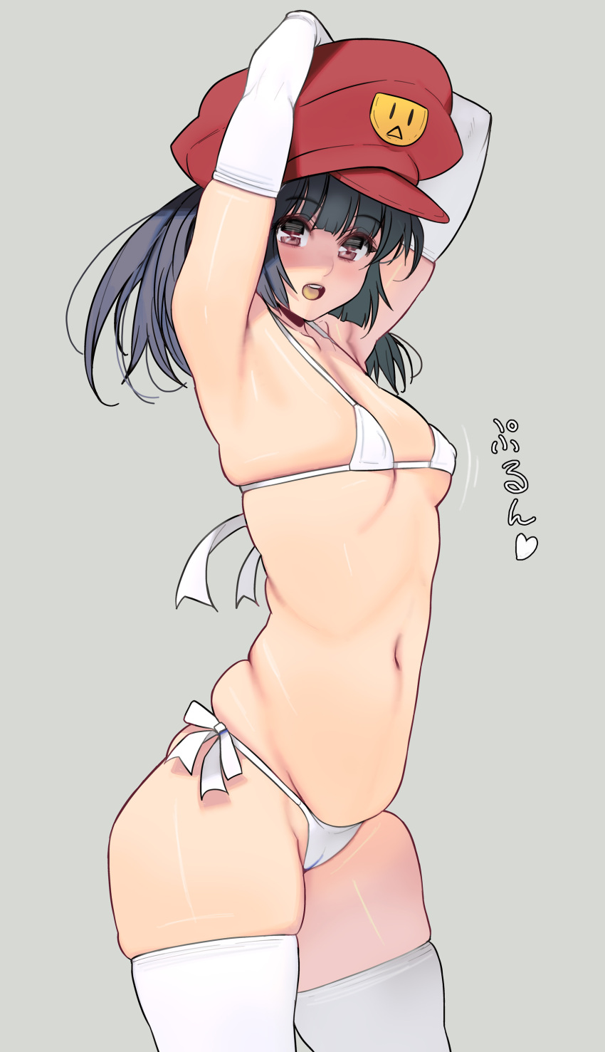 armpits arms_up bikini black_hair brown_eyes elbow_gloves female female_only gloves hat headwear looking_at_viewer masao medium_hair nipple_bulge open_mouth original plump small_breasts smile solo swimsuit thick_thighs thighhighs white_bikini white_gloves white_legwear white_thighhighs zettai_ryouiki