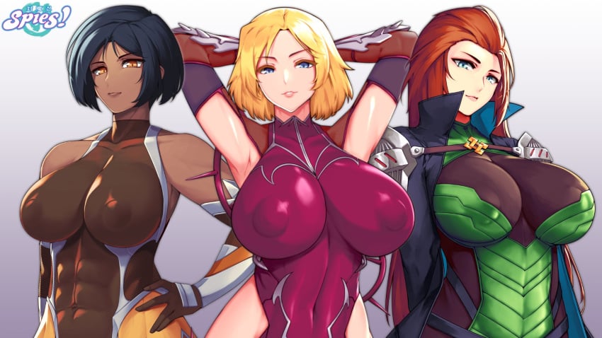 16:9 3girls alex_(totally_spies) armpits arms_up black_hair blonde_hair blue_eyes bodysuit brown_eyes clover_(totally_spies) crossover dark_skin female_only green_eyes group hagakure_machiko_(cosplay) huge_breasts human igawa_asagi_(cosplay) igawa_sakura_(cosplay) jpeg large_breasts lilith-soft nachtness nipples_visible_through_clothing orange_hair pale_skin red_hair sam_(totally_spies) simple_background tagme taimanin_(series) taimanin_asagi taimanin_suit totally_spies trio western_cartoon