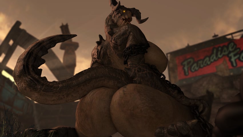 3d dat_ass deathclaw fallout fallout_4 female_deathclaw glowing_eyes horns kneeling large_ass large_breasts monster monster_girl scalie sfrogue tagme tail