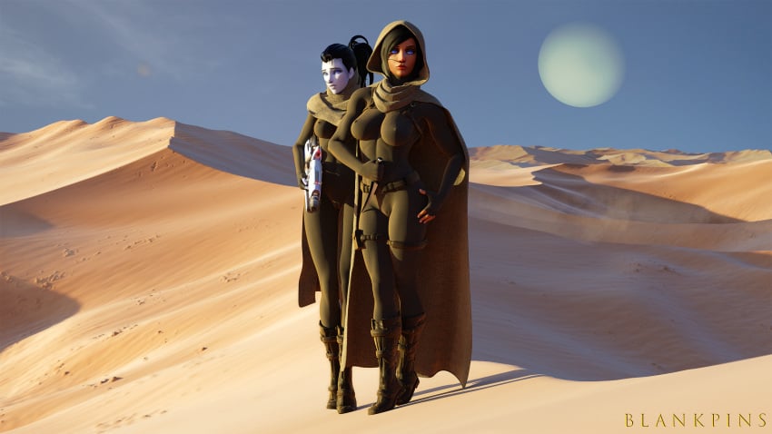 2girls 3d big_breasts blankpins blizzard_entertainment blue_eyes bodysuit breasts crossover desert dune female female_only fit_female fremen glowing_eyes muscular_female nipple_bulge overwatch pharah tight_clothing widowmaker