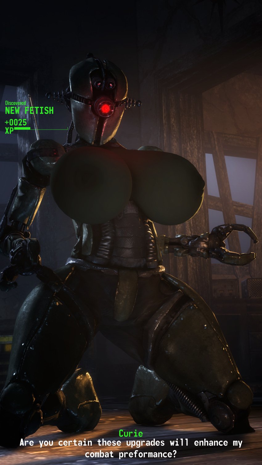 3d assaultron curie_(fallout_4) dat_ass dialogue english_text fallout fallout_4 gameplay_mechanics kneeling large_ass large_breasts robot robot_girl sfrogue tagme text