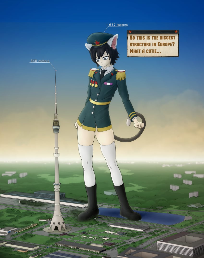 1boy anothercrazysfmstuff black_hair cat_ears cat_tail catboy city english_text femboy giant giant_femboy giant_male light-skinned_male light_skin macro male male_only military_uniform solo solo_male standing text thighhighs