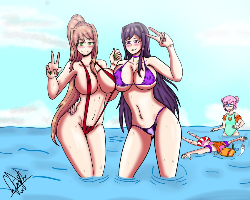 4girls beach blush breast_size_difference doki_doki_literature_club duo female female_only funny lirdouwu looking_at_viewer monika_(doki_doki_literature_club) multiple_girls natsuki_(doki_doki_literature_club) posing sayori_(doki_doki_literature_club) sexy_beach swimsuit v yuri_(doki_doki_literature_club)