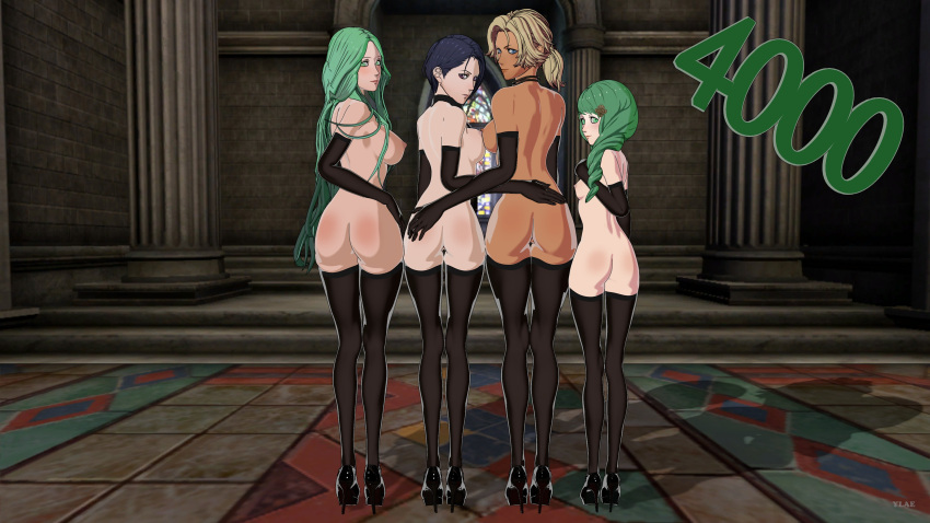 3d 4girls armwear ass ass_focus ass_grab back_view breasts breasts_to_breasts catherine_(fire_emblem) choker dark-skinned_female dark_skin female fire_emblem fire_emblem:_three_houses flayn_(fire_emblem) heels high_heels large_breasts lineup looking_at_viewer looking_back milestone_celebration multiple_girls naked_stockings nintendo nipples rhea_(fire_emblem) shamir_nevrand small_breasts spank_marks stockings thighhighs very_long_hair ylae