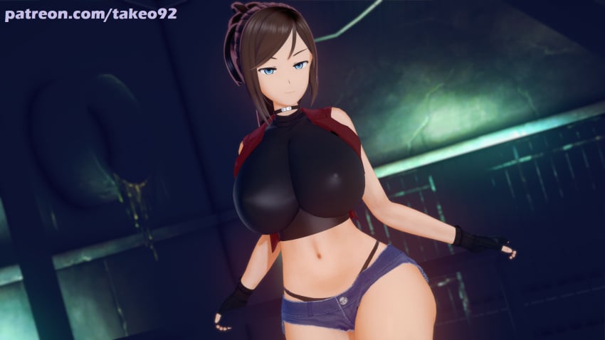 1girls 3d 3d_(artwork) big_ass big_breasts blue_eyes brown_hair claire_redfield clothed clothing curvaceous curvy erect_nipples erect_nipples_under_clothes female_focus female_only fingerless_gloves hotpants hourglass_figure huge_ass huge_breasts koikatsu large_ass large_breasts leaning looking_at_viewer nipples_visible_through_clothing patreon pinup ponytail rail raised_eyebrows resident_evil resident_evil_2 revealing_clothes seductive seductive_look seductive_smile sewer shorts skimpy skimpy_clothes solo spandex standing string_panties takeo92 text thick thick_thighs tight_clothing wide_hips