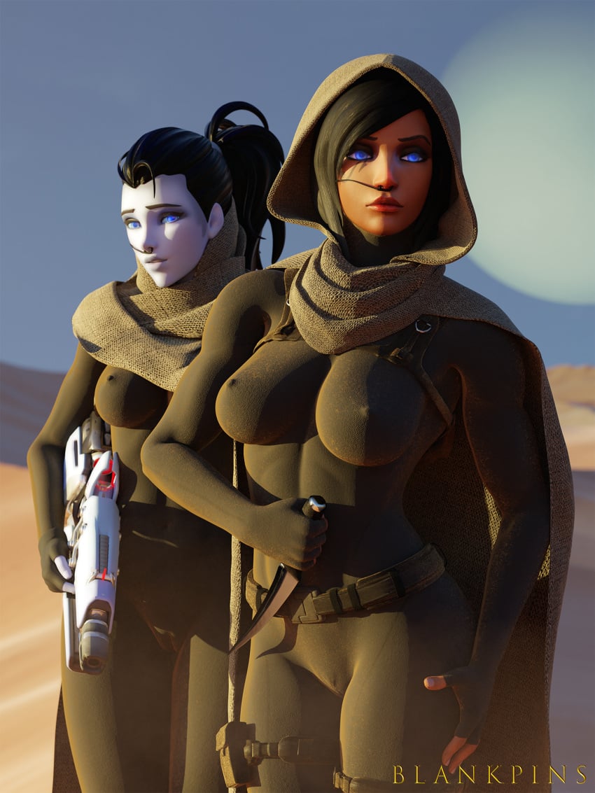 2girls 3d big_breasts blankpins blizzard_entertainment blue_eyes bodysuit breasts crossover desert dune female female_only fit_female fremen glowing_eyes muscular_female nipple_bulge overwatch pharah tight_clothing widowmaker