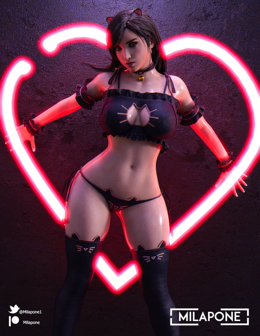 1girls 3d black_hair cat_ears cat_keyhole_bra cat_keyhole_lingerie cat_lingerie cat_thighighs choker earrings eyelashes eyeshadow female female_focus female_only final_fantasy final_fantasy_vii final_fantasy_vii_remake long_hair looking_at_viewer milapone petite pinup pinup_pose pose posing red_eyes seductive_look slim square_enix thighhighs tifa_lockhart wide_hips