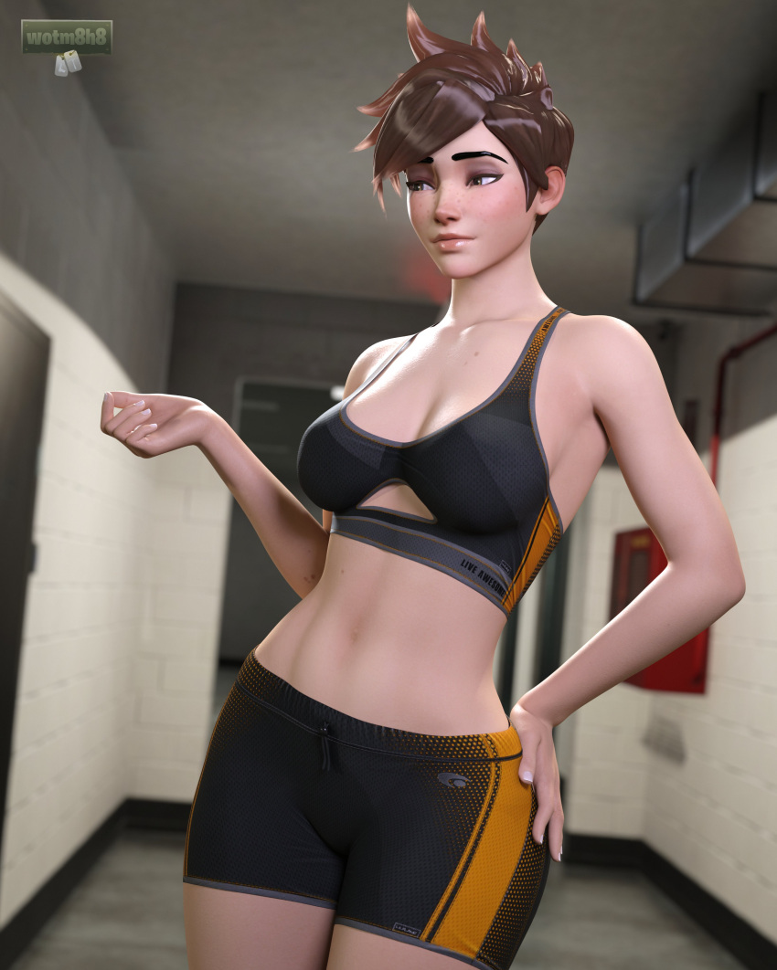 3d 3d_(artwork) bike_shorts exercise exercise_clothing female female_only looking_away overwatch sports_bra tracer wotm8h8