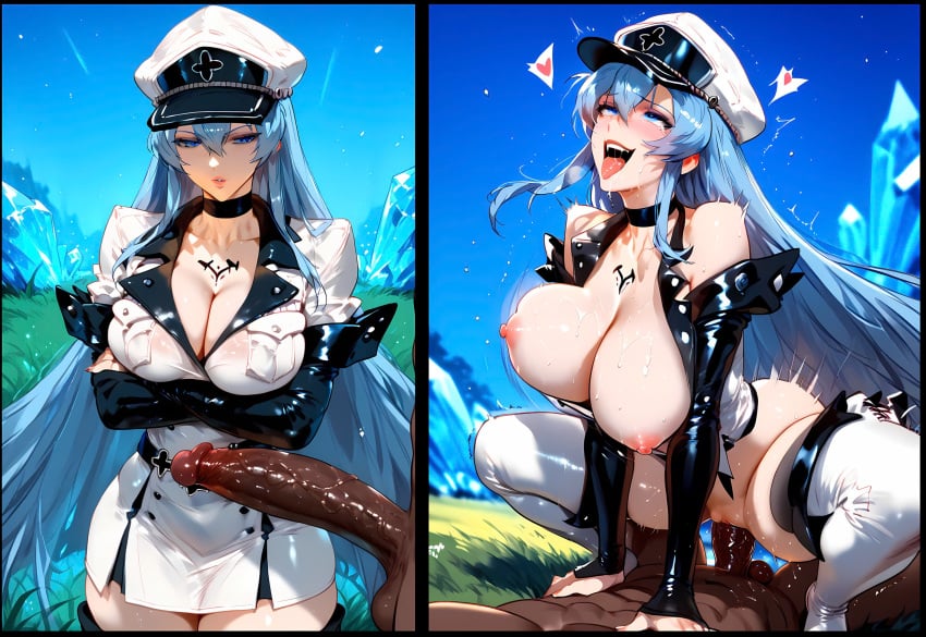 1boy 1girls ai_generated akame_ga_kill! cowgirl_position cowgirl_position dark-skinned_male dark_skin esdeath_(akame_ga_kill!) kiss-shot sex straight