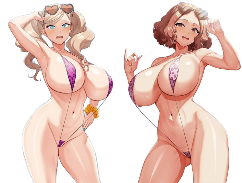 2girls :d absurd_res alternate_breast_size ann_takamaki atlus big_breasts bikini blonde_hair blue_eyes blush breasts brown_eyes brown_hair cleavage cognitive_ann cowboy_shot female handplug haru_okumura heart-shaped_sunglasses hi_res huge_breasts lens_flare leopard_print light-skinned_female light_skin long_hair looking_at_viewer matching_hair/eyes medium_hair micro_bikini naughty_face navel open_mouth outdoors persona persona_5 pointy_chin popsicle sideboob sling_bikini smile solo standing sunglasses sunglasses_on_head swimsuit thighs twintails voluptuous voluptuous_female water wide_hips