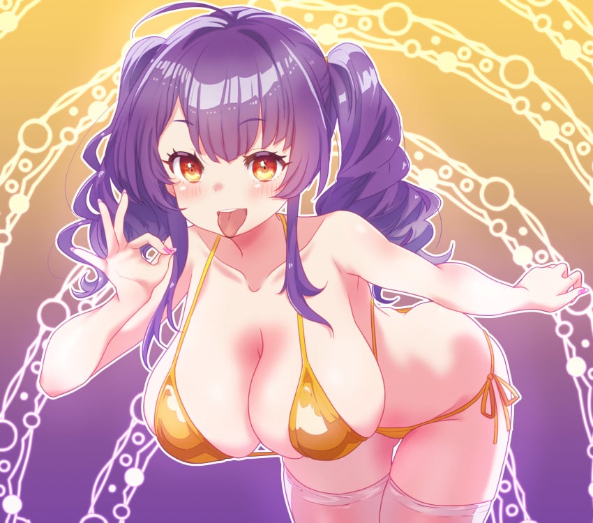 arbiter1 azur_lane bent_over bikini blush breasts cleavage fellatio_gesture female hanging_breasts highres large_breasts long_hair looking_at_viewer o-ring o-ring_bikini official_alternate_costume pola_(azur_lane) pola_(seaside_coincidence)_(azur_lane) purple_hair red_eyes starfish swimsuit thighhighs tongue tongue_out twintails white_thighhighs yellow_bikini