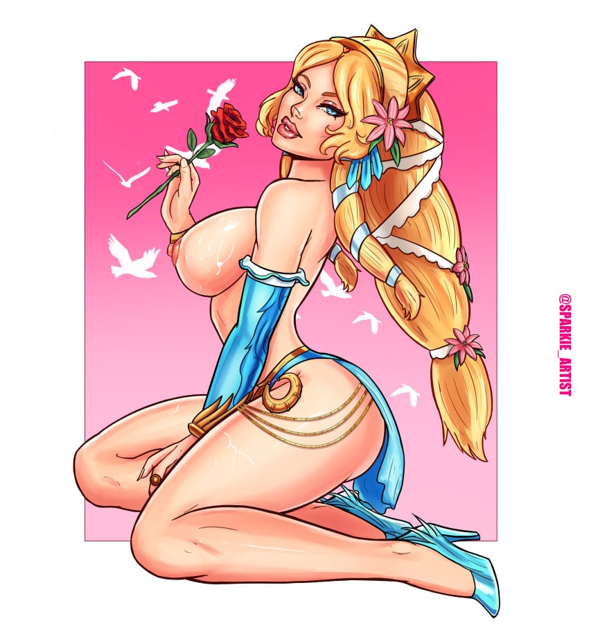 1girls aphrodite_(smite) big_ass big_breasts blonde_hair european_mythology female female_only goddess greek_mythology hi-rez_studios high_heels kneeling light-skinned_female light_skin looking_at_viewer mythology pinup rose smite solo sparkietheartist thick_thighs topless voluptuous voluptuous_female