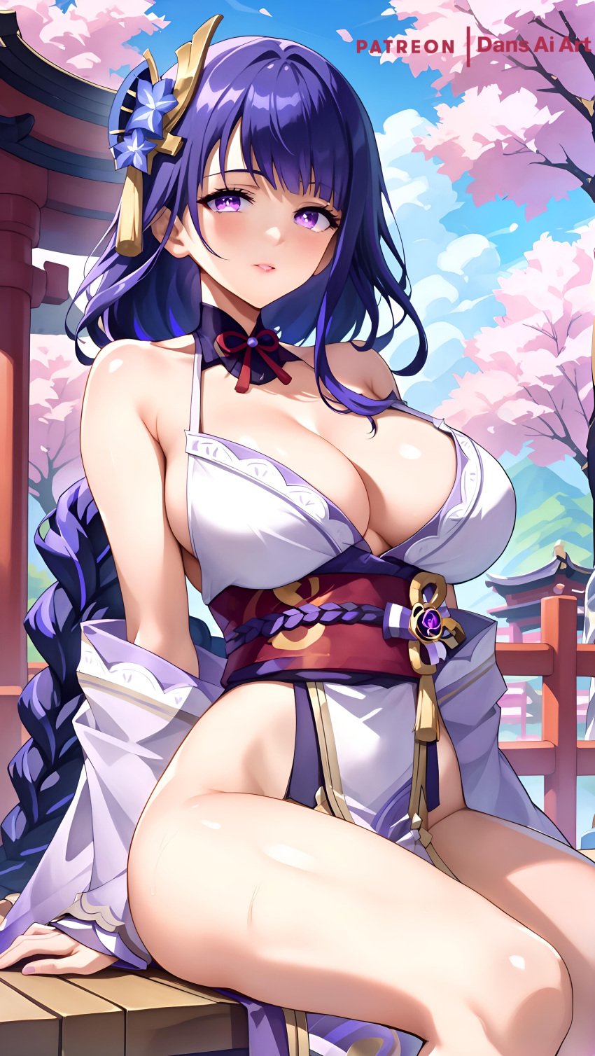 1girls ai_generated big_breasts dans_ai female genshin_impact highres huge_breasts purple_hair raiden_shogun sitting solo