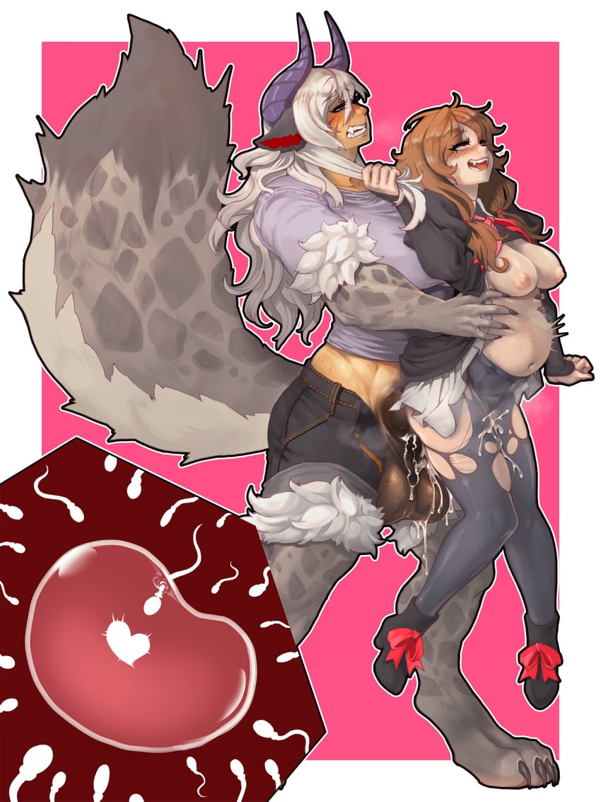 1futa 1girls 2024 animal_ears animal_genitalia arm_tuft ayaqerb balls big_breasts big_tail bodily_fluids bottomwear breasts claws clothing colored cum cum_drip cum_in_pussy cum_inside dickgirl digital_drawing_(artwork) digital_media_(artwork) digitigrade dripping duo elbow_tuft female fluffy fluffy_tail from_behind_position fur futa_on_female futanari genital_fluids genitals gynomorph hair hi_res horn horned_humanoid huge_cock human humanoid impregnation inflation intersex intersex/female knee_tuft larger_gynomorph larger_intersex leg_tuft lifting_partner light-skinned_female light-skinned_futanari light_skin long_hair looking_pleasured mammal markings monster_girl ovum pants penetration pulling_hair raised_tail satisfied sex shaded simple_background size_difference smaller_penetrated spots spotted_body spotted_fur standing stomach_bulge tail toe_claws tongue tongue_out torn_bottomwear torn_clothing torn_pants touching_hair tuft vaginal_penetration