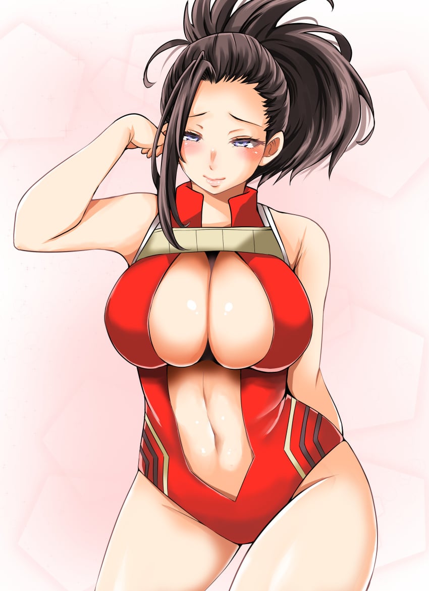 1girls adahcm ass big_ass big_breasts black_hair blush closed_mouth female female_focus female_only hand_on_hip hero_outfit_(mha) leotard long_hair looking_at_viewer momo_yaoyorozu my_hero_academia ponytail red_leotard simple_background smile solo solo_female solo_focus sweat thick_thighs