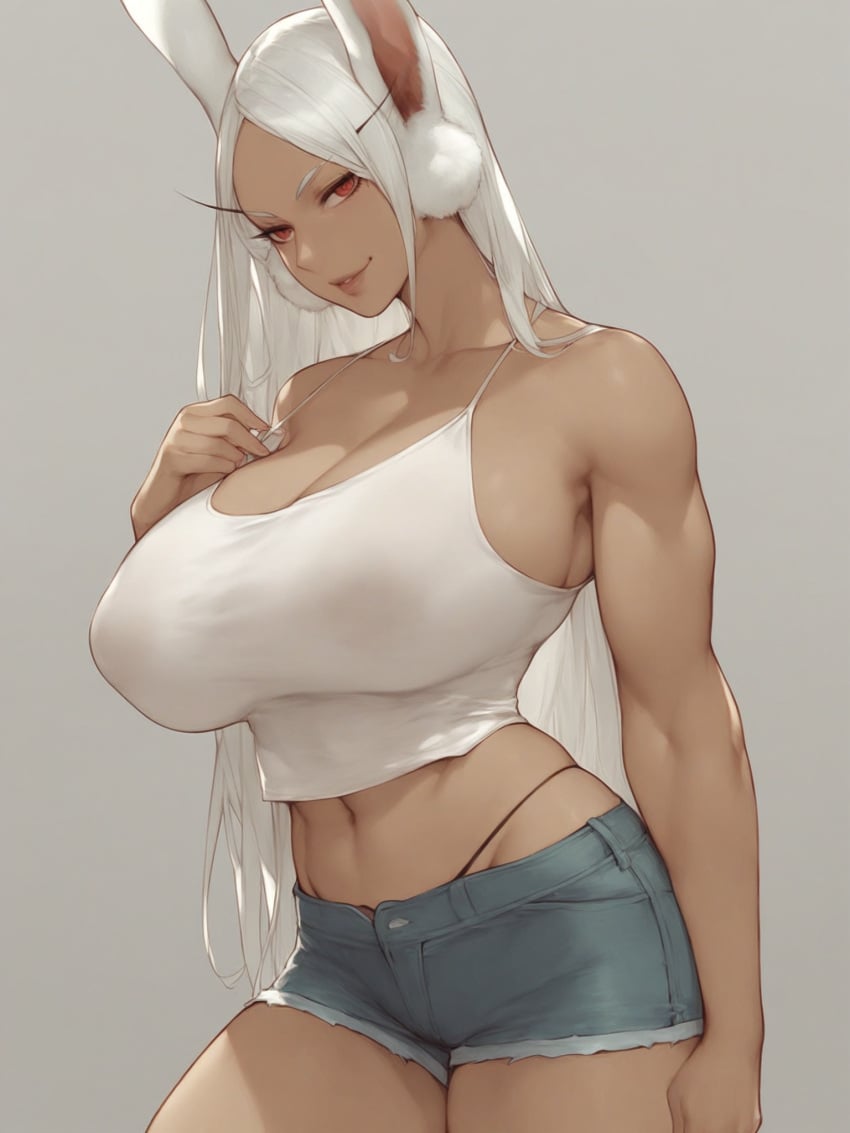 1girls ai_generated big_breasts boku_no_hero_academia breasts female female_only hi_res jean_shorts long_hair miruko my_hero_academia navel nipple_bulge red_eyes rumi_usagiyama simple_background solo solo_female white_hair zzipper