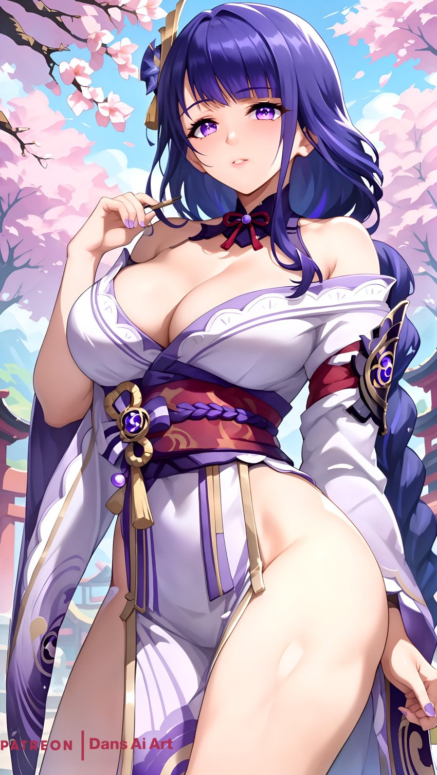 1girls ai_generated big_breasts blush dans_ai female genshin_impact highres huge_breasts purple_hair raiden_shogun solo