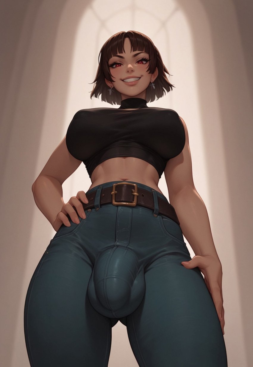 1futa abs ai_generated belt black_clothing breasts brown_hair bulge bulge_through_clothing dickgirl earrings futanari grin hands_on_hips huge_breasts huge_cock indoors jeans looking_at_viewer looking_do makeup makoto_niijima pants penis persona persona_5 persona_5_royal red_eyes short_hair smile smiling_at_viewer taker_pov tank_top velonix