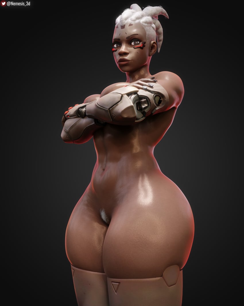 1girls 3d absurd_res breast_squish breasts cybernetics dark-skinned_female female female_only gilf hi_res highres looking_at_viewer nemesis_3d overwatch overwatch_2 pubic_hair shiny_skin sojourn_(overwatch) solo standing thick_thighs thighs vivian_chase white_hair