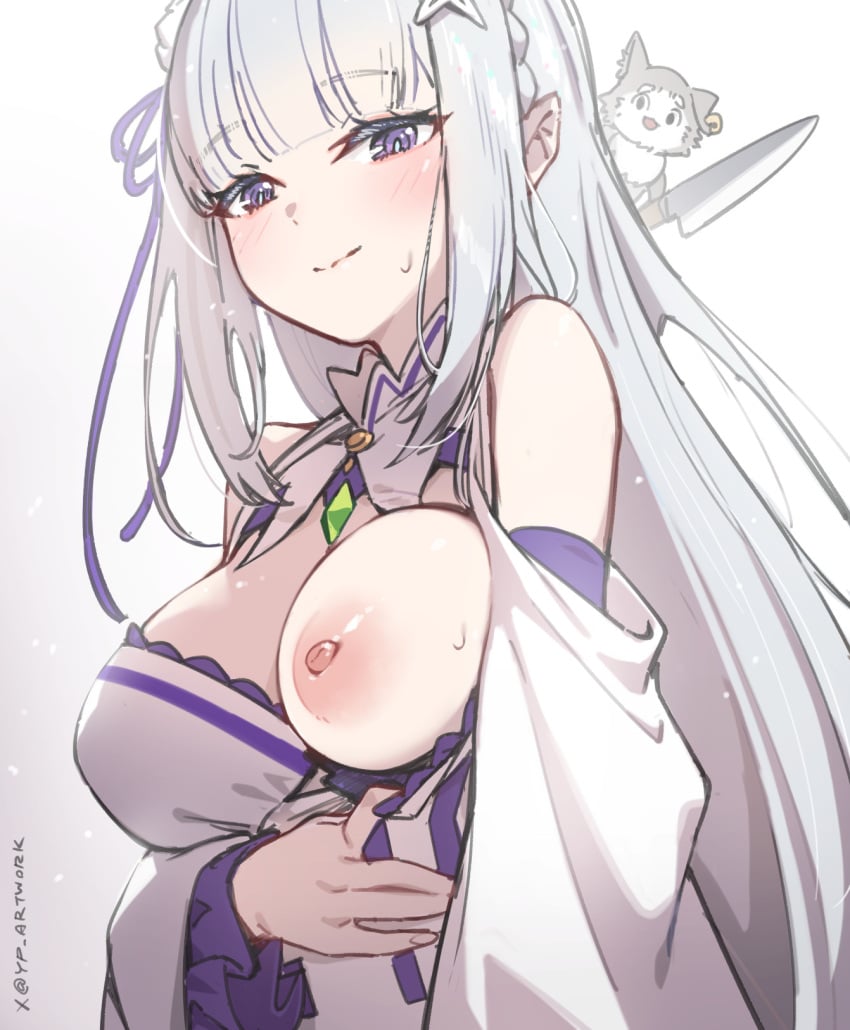 1boy 1girls breasts breasts_out breasts_out_of_clothes clothes_pull dress_pull elf elf_ears elf_female elf_girl emilia_(re:zero) exposed_breast exposed_breasts half-dressed nipples offering_to_viewer puck_(re:zero) purple_eyes re:zero_kara_hajimeru_isekai_seikatsu silver_hair white_background yellowpaint.