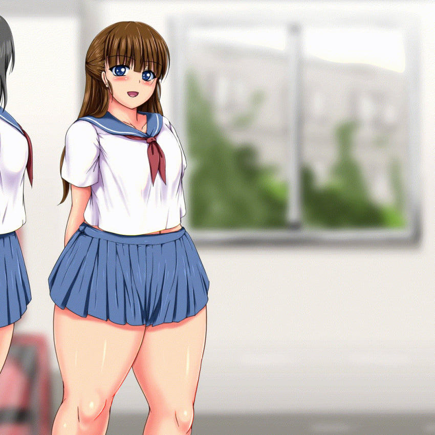 animated big_breasts blue_eyes blush breast_expansion brown_hair expansion giant_breasts gigantic_breasts growth huge_ass huge_breasts hyper_breasts long_hair piyokorota school_uniform schoolgirl slideshow tagme thick_thighs wide_hips