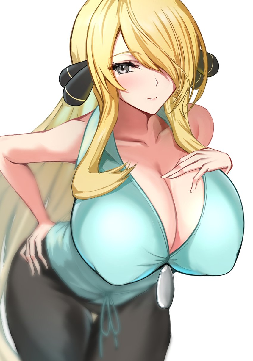 1girls alternate_breast_size big_breasts blonde_hair blush breasts cynthia_(pokemon) eye_contact female hair_ornament hand_on_hip huge_breasts kaoru1307 large_breasts long_hair looking_at_viewer nintendo pokemon pokemon_dppt smile solo white_background