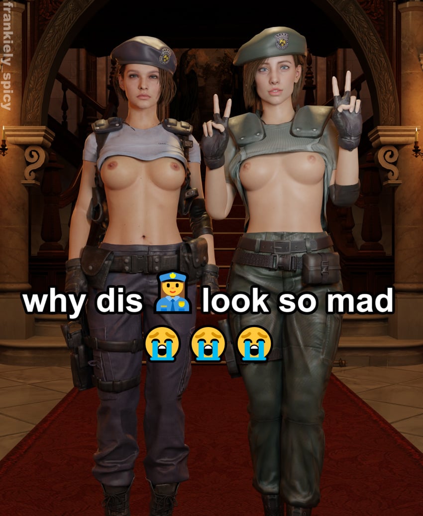 2girls 3d angry asian asian_female belly belly_button blender blue_eyes bob_cut breasts breasts_out brown_hair capcom duo duo_focus female female_focus female_only frankiely_spicy indoor indoors inside jill_valentine jill_valentine_(julia_voth) jill_valentine_(sasha_zotova) looking_at_viewer mansion meme naked naked_female navel nipples nude nude_female pale-skinned_female pale_skin partially_nude police police_hat police_officer police_uniform policewoman resident_evil resident_evil_3 resident_evil_3_remake resident_evil_remake shirt shirt_lift shirt_pull shirt_up short_hair smile smiling smiling_at_viewer stare staring staring_at_viewer tease teasing teasing_viewer uniform why_dis_ninja_look_so_mad_(meme)