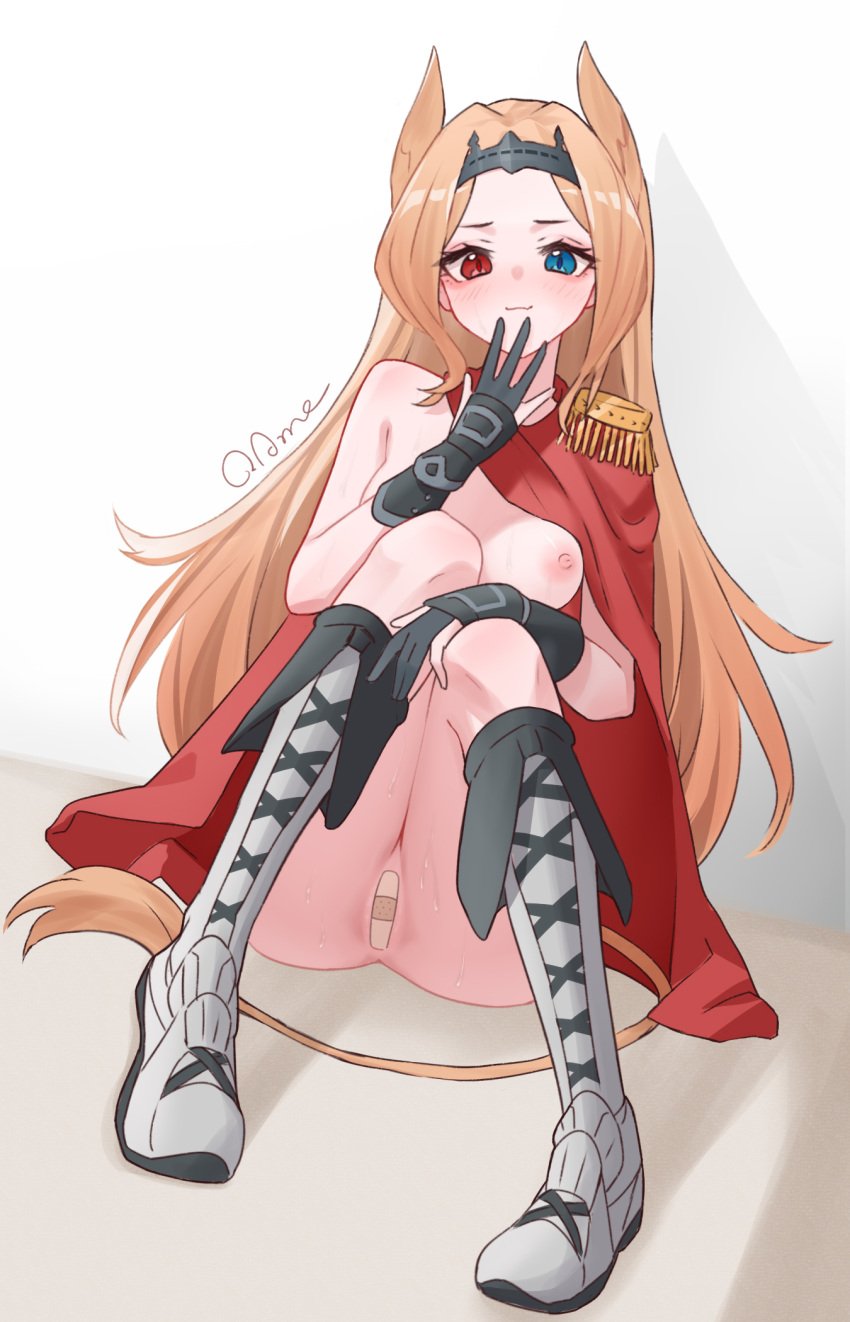 animal_ears archetto_(arknights) arknights bandaid bandaid_on_pussy black_gloves blonde_hair blue_eyes blush boots breasts cape closed_mouth epaulettes female full_body gloves grey_footwear heterochromia highres jiuyu_qame knee_boots knees_up long_hair looking_at_viewer naked_cape nude partially_fingerless_gloves red_cape red_eyes signature single_epaulette sitting small_breasts smile solo tiara very_long_hair