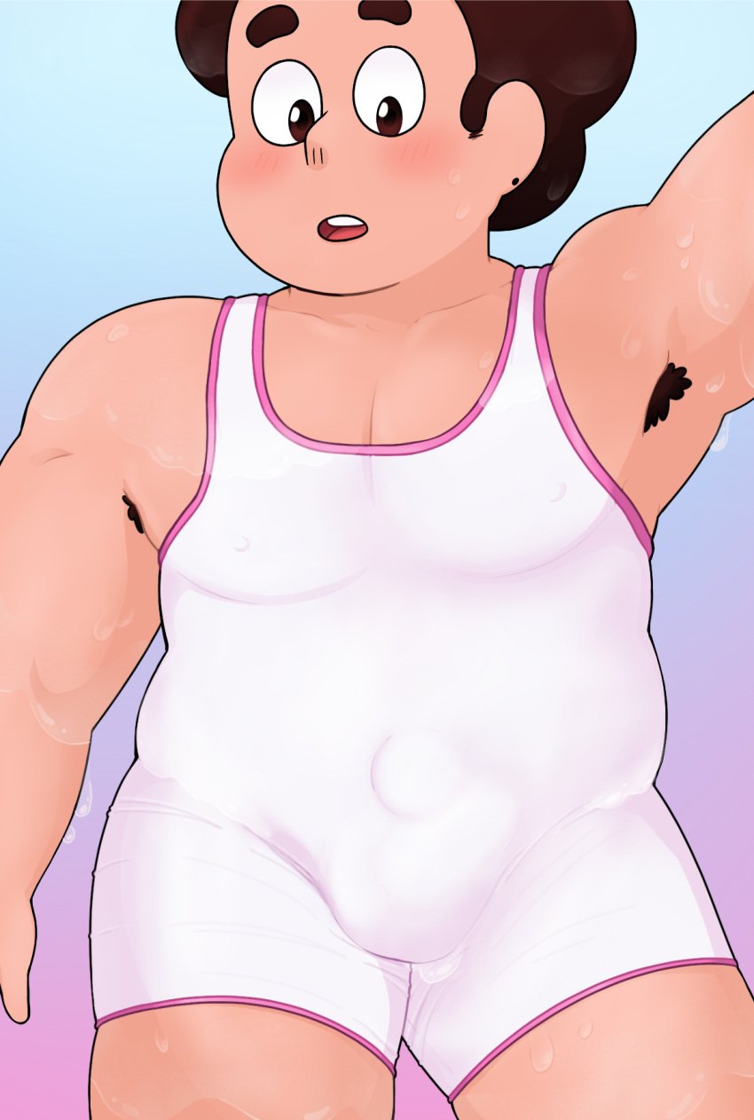 1boy 1male arm_up armpits blush brown_hair bulge bulge_through_clothing chubby chubby_male colored dark_hair digital_drawing_(artwork) digital_media_(artwork) earring full_body_suit gem_(species) hairy_armpits hotfiresu human hybrid male male_nipples male_only muscular muscular_male nipple_bulge not_ai_generated one-piece_swimsuit one_arm_up pecs penis_bulge shaded short_hair simple_background solo standing steven_quartz_universe steven_universe surprised swimwear tan_body thick_thighs tight_clothing tight_fit tight_swimwear water_drop wet wet_body wet_clothing wet_skin