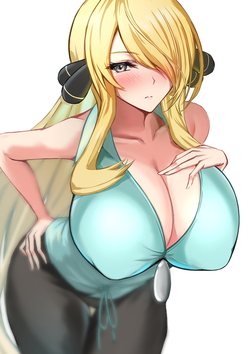 1girls alternate_breast_size big_breasts blonde_hair blush breasts cynthia_(pokemon) eye_contact female hair_ornament hand_on_hip huge_breasts kaoru1307 large_breasts long_hair looking_at_viewer nintendo pokemon pokemon_dppt solo white_background